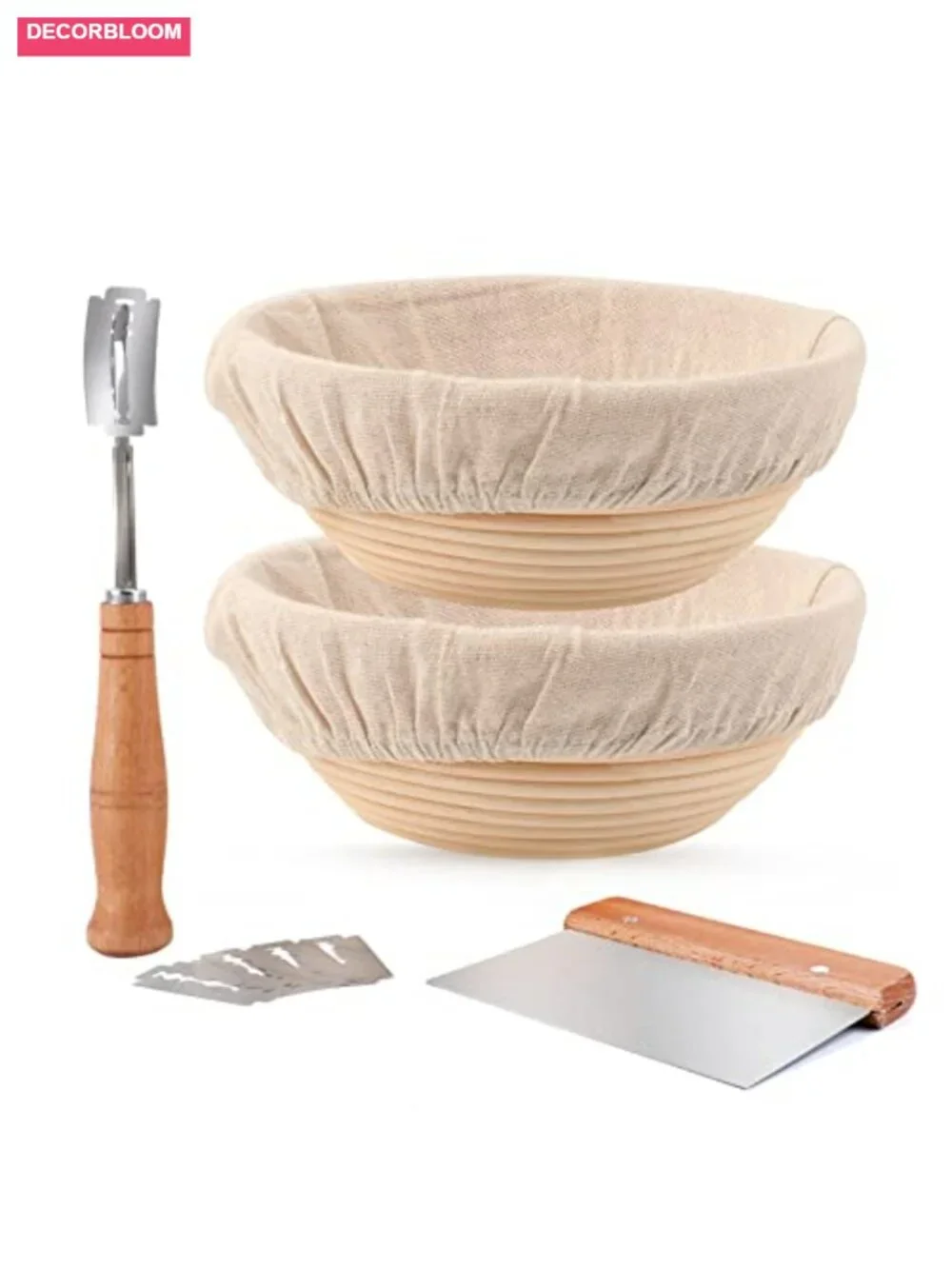 Handmade Rattan Sourdough Bread Proofing Basket Set with Cloth Liner, Scoring